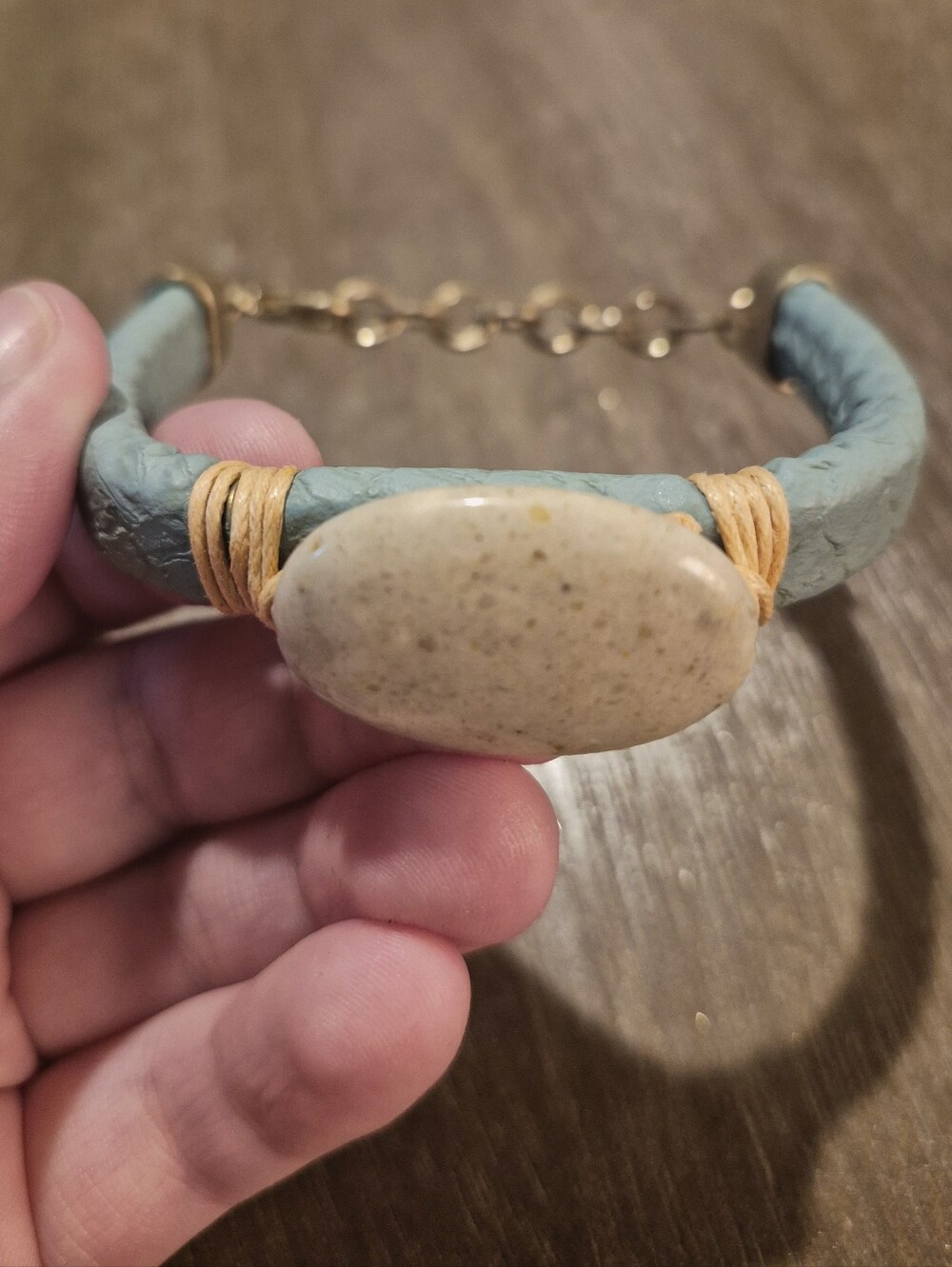 Handcrafted Cream Stone and Aqua Leather Bracelet